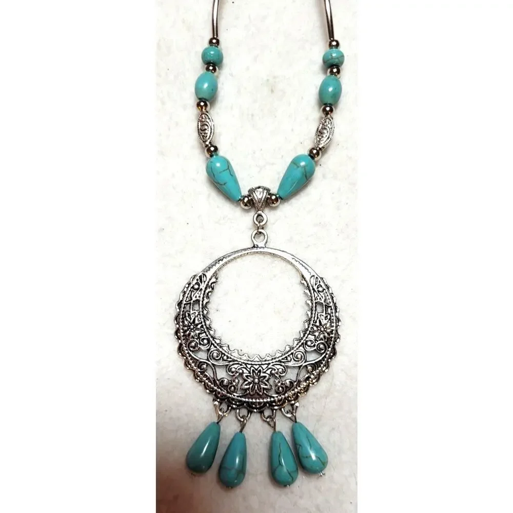 Vtg Southwestern Faux Turquoise Necklace & Bracelet Carved Teardrop Silver Tone
